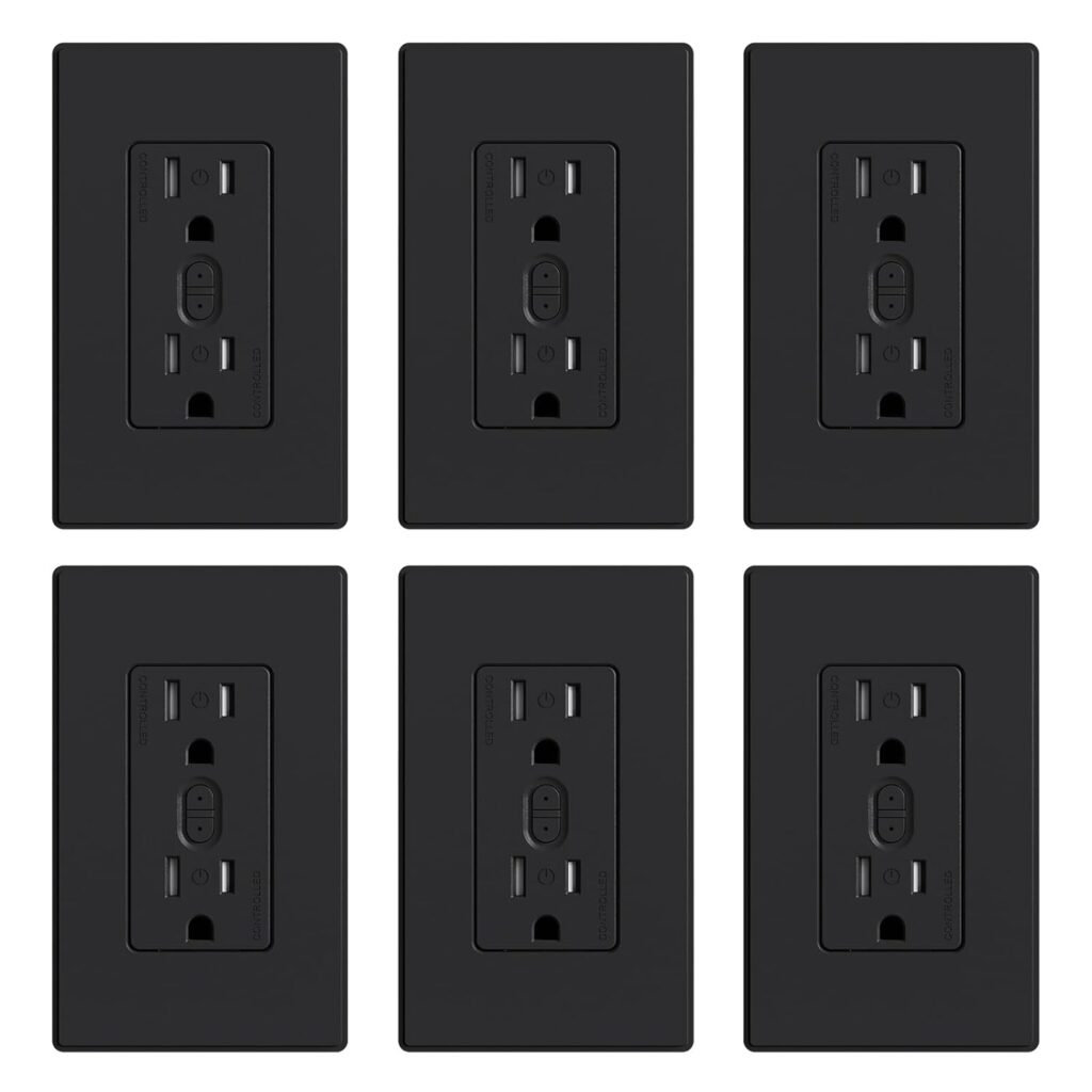 ELEGRP Smart in-Wall Outlet, 2.4GHz Wi-Fi Smart Receptacle Compatible with Alexa and Google Assistant, Tamper Resistant, 2 Individually Controlled Outlets, No Hub Required, UL Listed, Black, 6 Pack