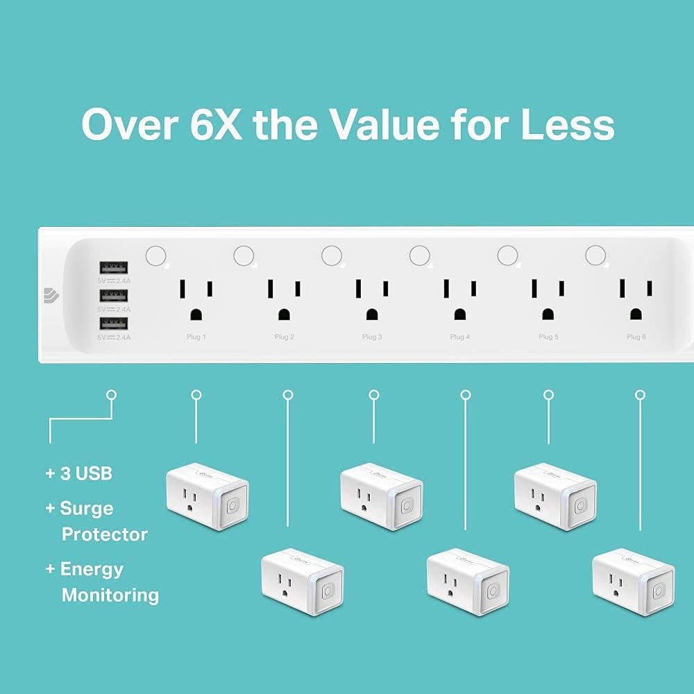 Kasa Smart Plug Power Strip HS300, Surge Protector with 6 Individually Controlled Smart Outlets and 3 USB Ports, Works with Alexa  Google Home, No Hub Required , White