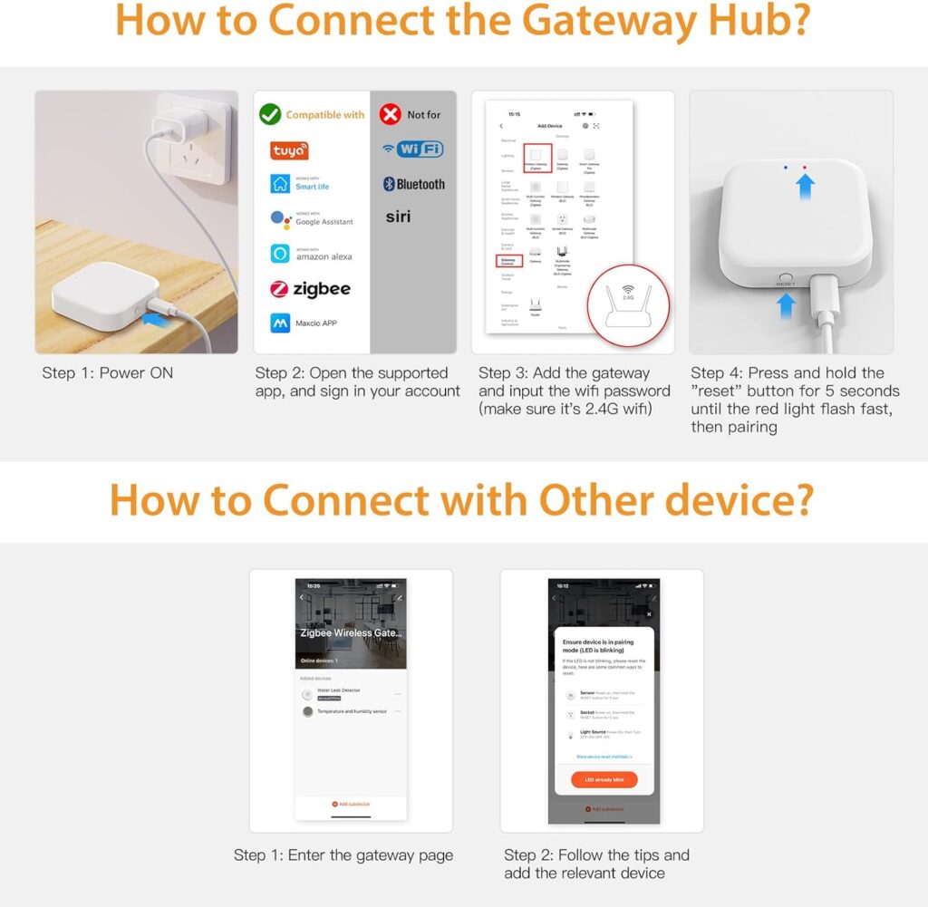 Maxcio Zigbee Gateway Hub, ZigBee 3.0 Smart Tuya Gateway Bridge for Home Automation, Voice Control via Alexa/Google Home, Works with All Tuya ZigBee Smart Products (2.4G WiFi)