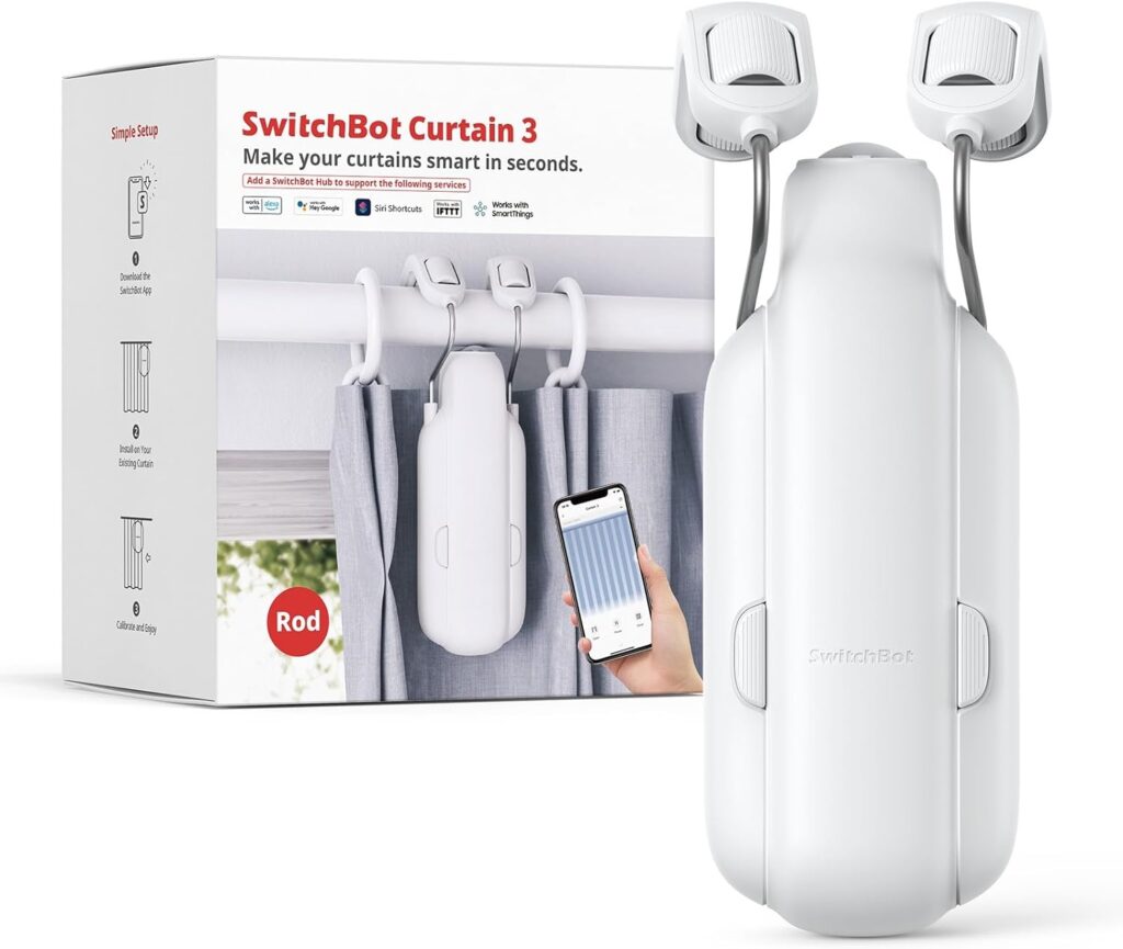 SwitchBot Automatic Curtain Opener - Bluetooth Remote Control Smart Curtain with App/Timer, Upgraded High-Performance Motor, Add SwitchBot Hub to Work with Alexa, Google Home, HomeKit (Curtain 3, Rod)