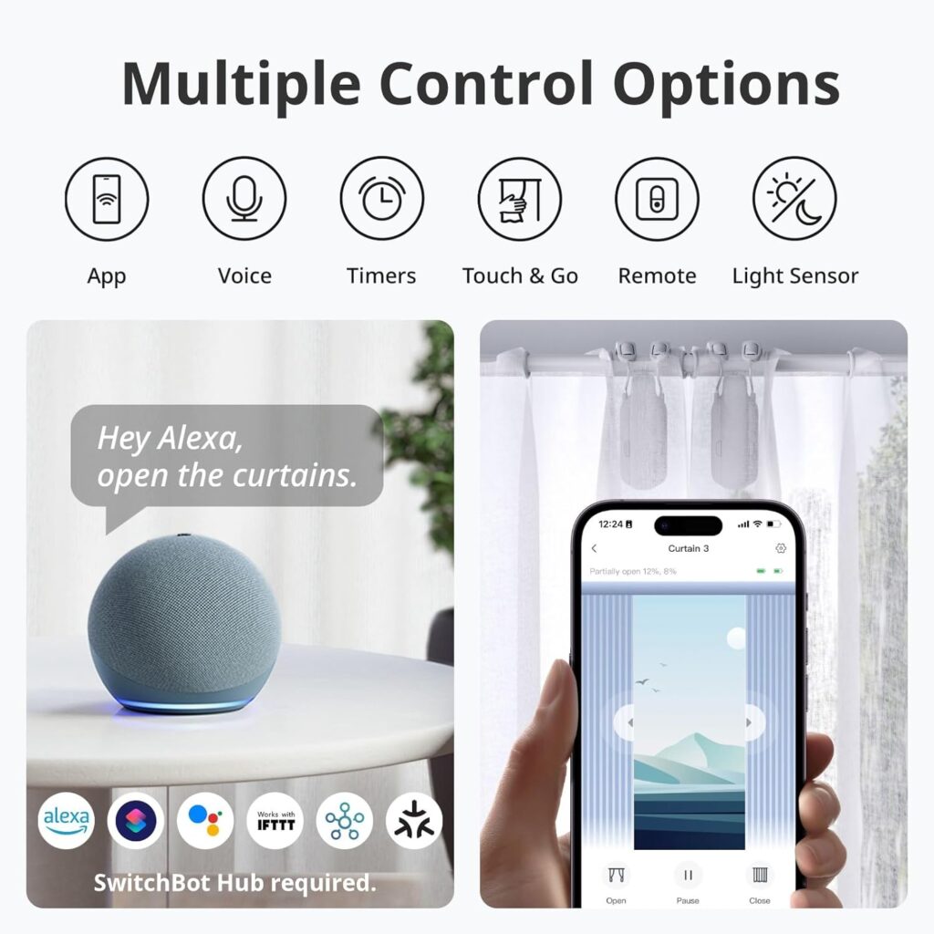 SwitchBot Automatic Curtain Opener - Bluetooth Remote Control Smart Curtain with App/Timer, Upgraded High-Performance Motor, Add SwitchBot Hub to Work with Alexa, Google Home, HomeKit (Curtain 3, Rod)