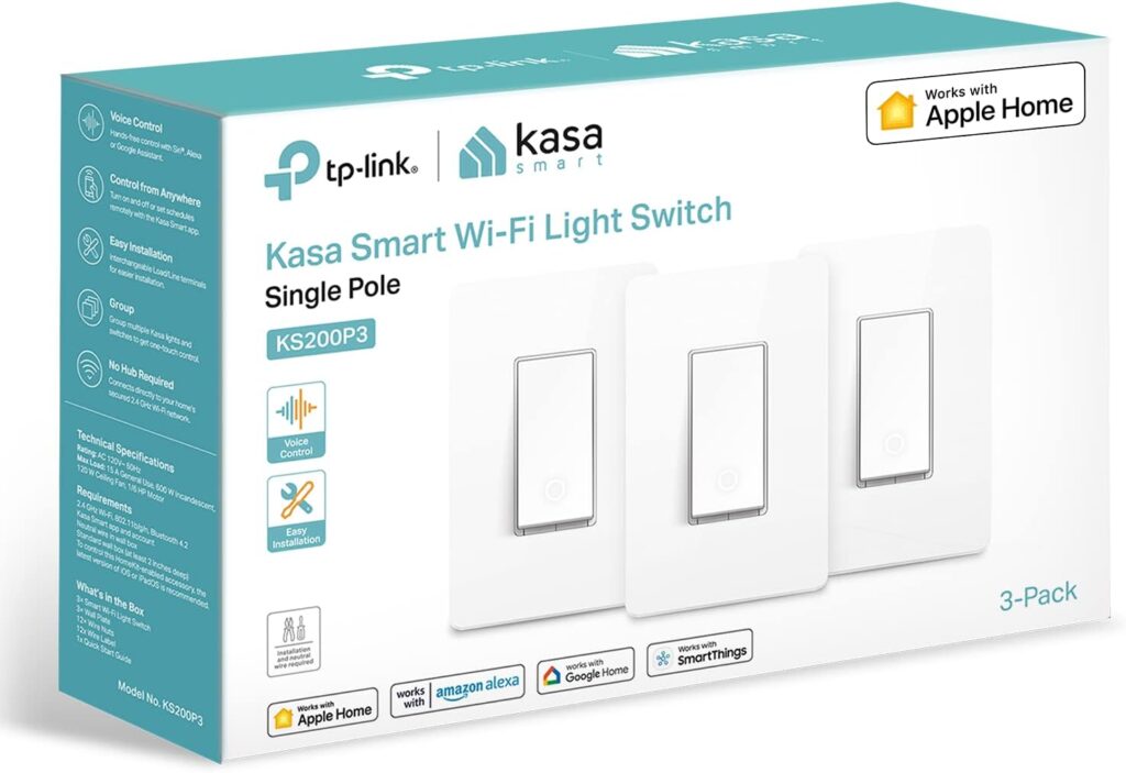 Kasa Apple HomeKit Smart Light Switch KS200P3, Single Pole, Neutral Wire Required, 2.4GHz Wi-Fi Light Switch Works with Siri, Alexa and Google Home, UL Certified, No Hub Required, White, 3-Pack