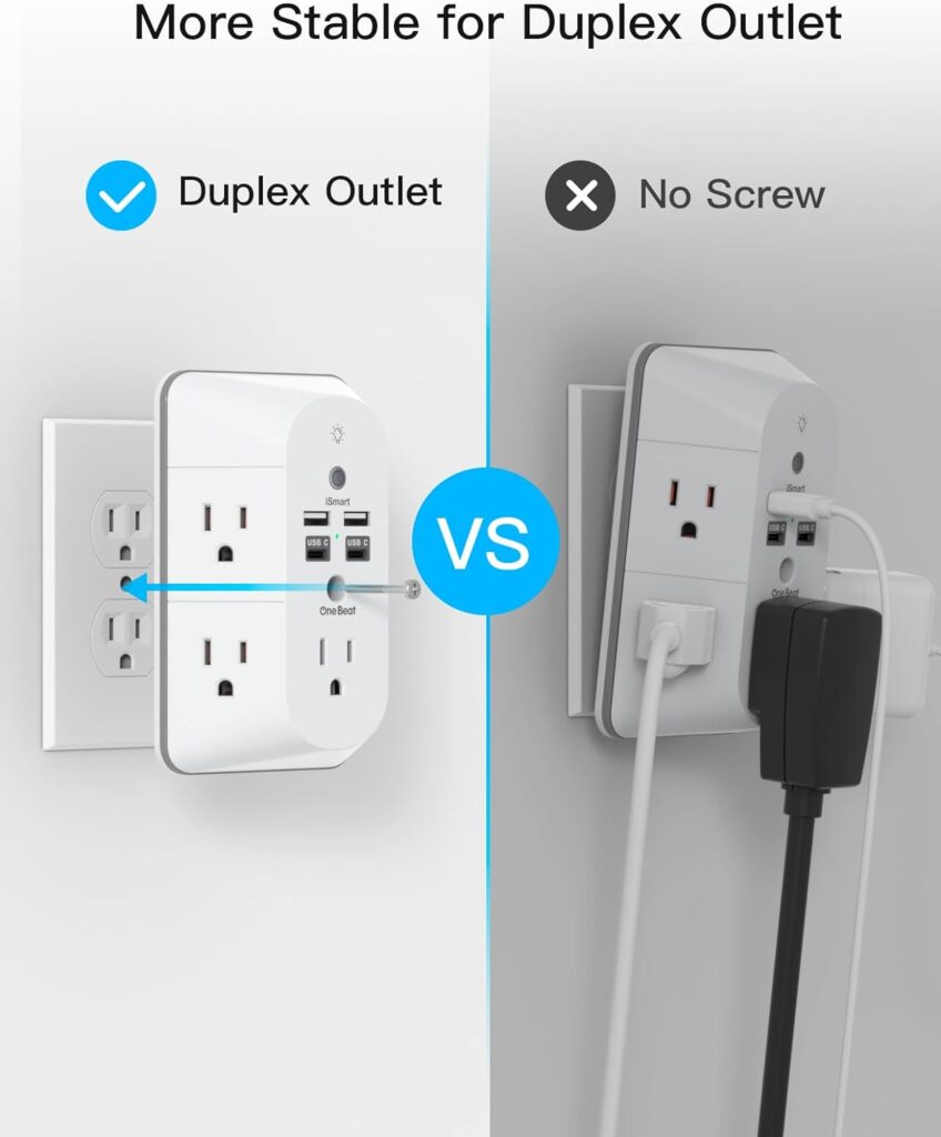 Outlet Extender with Night Light, Surge Protector, Power Strip, 5 Outlet Splitter (3 Side) and 4 USB Charger(1 USB C), USB Wall Charger, Multi Plug Outlets for Home, Office, Dorm Room Essentials