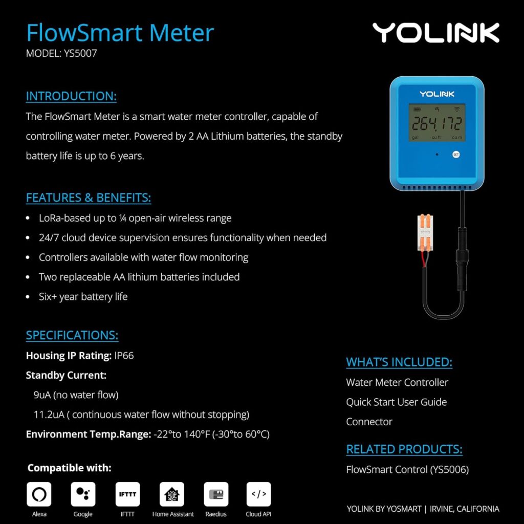 YoLink FlowSmart NSF Water Meter, Smart Water Usage Monitor and Water Leak Detection: 0.75 Inch Advanced Smart Home Water Meter, Hub Included