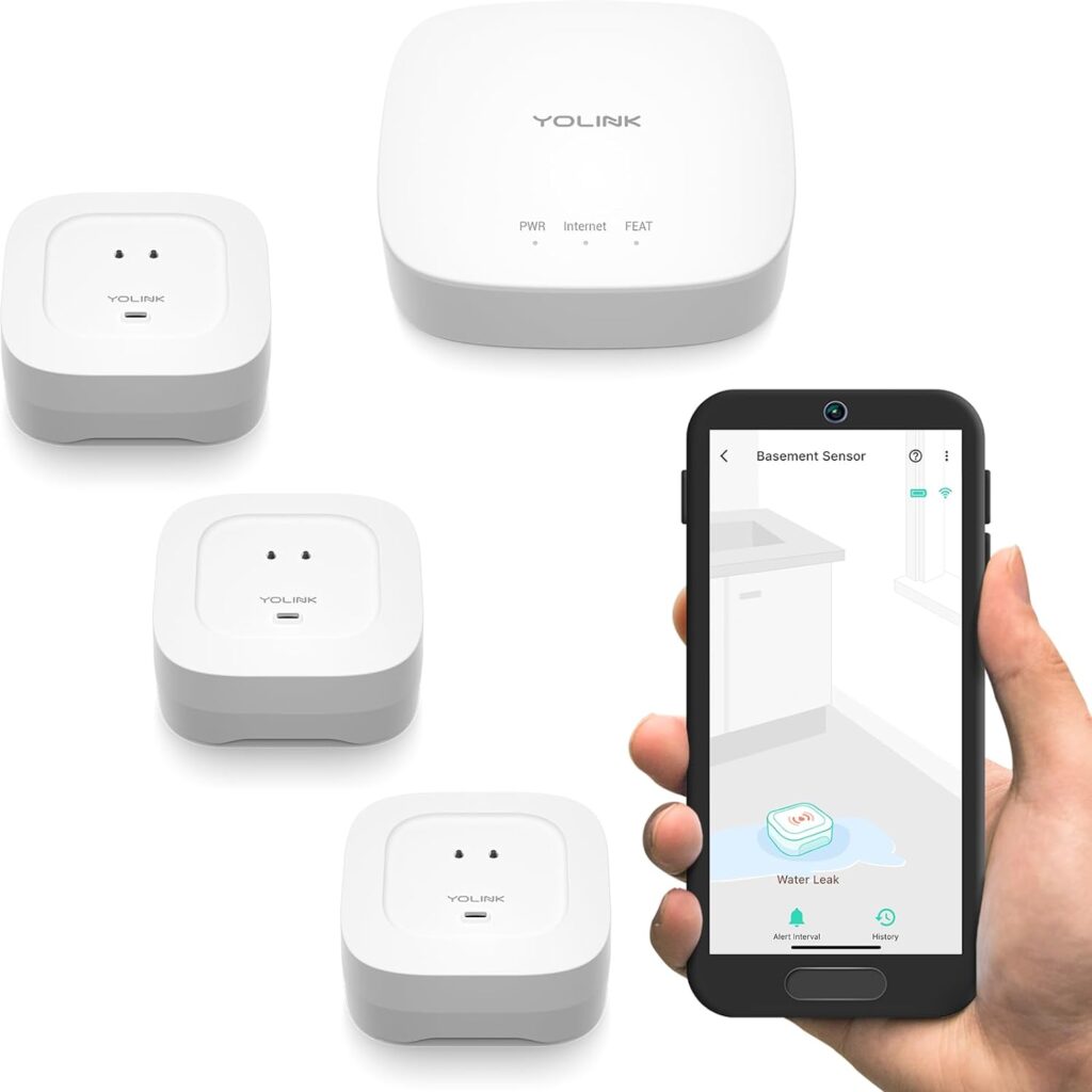 YoLink Smart Home Starter Kit: Hub  Water Leak Sensor 4 with 105dB Audio Alarm 3-Pack, SMS/Text, Email  Push Notifications, Freeze Warning, LoRa Up to 1/4 Mile Open-Air Range, w/Alexa, IFTTT