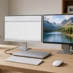 Two 27-inch 4K monitors on a home office desk with a laptop connected by USB-C
