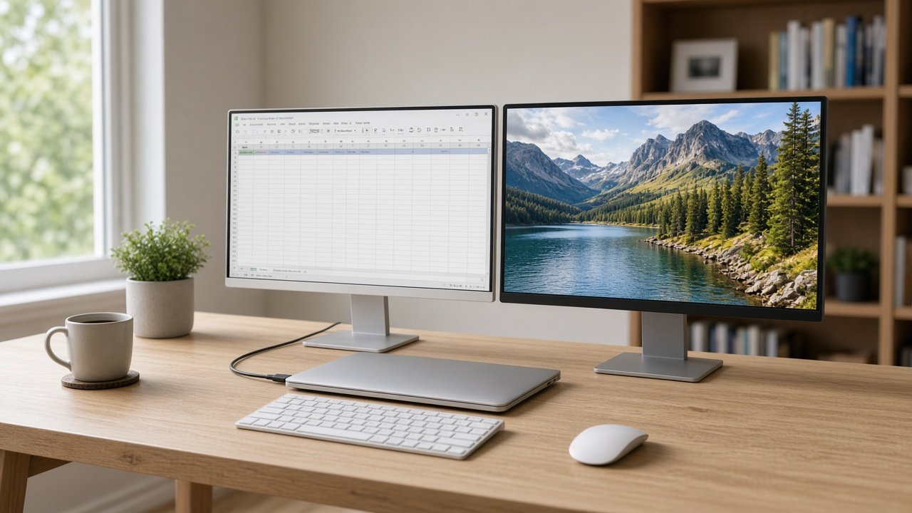 Two 27-inch 4K monitors on a home office desk with a laptop connected by USB-C