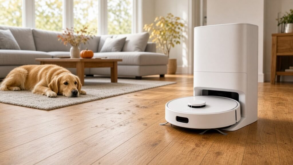 Robot vacuum mop with self-emptying base on hardwood floor next to a golden retriever