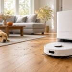 Robot vacuum mop with self-emptying base on hardwood floor next to a golden retriever