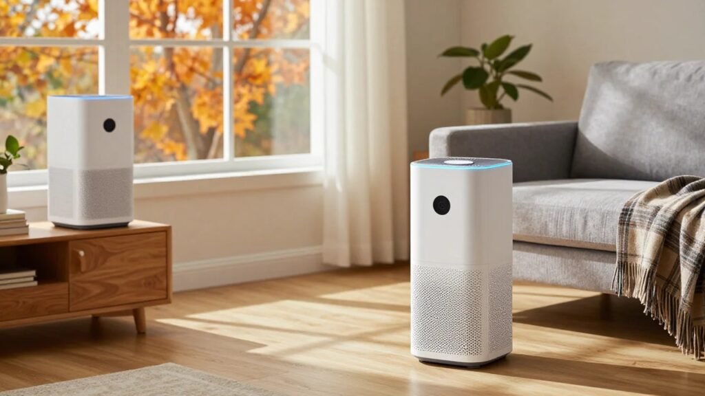 Two white tower air purifiers in a sunny American living room with a gray sofa and autumn trees outside the window