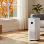 Two white tower air purifiers in a sunny American living room with a gray sofa and autumn trees outside the window