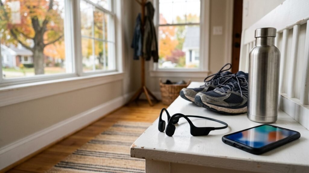 Black bone conduction sports headphones on a white entryway bench next to running shoes, a water bottle and a phone in an American home