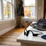 Black bone conduction sports headphones on a white entryway bench next to running shoes, a water bottle and a phone in an American home