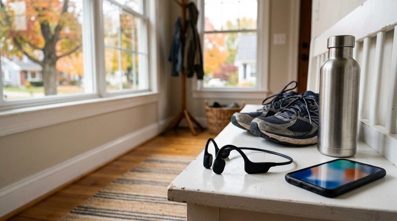 Black bone conduction sports headphones on a white entryway bench next to running shoes, a water bottle and a phone in an American home