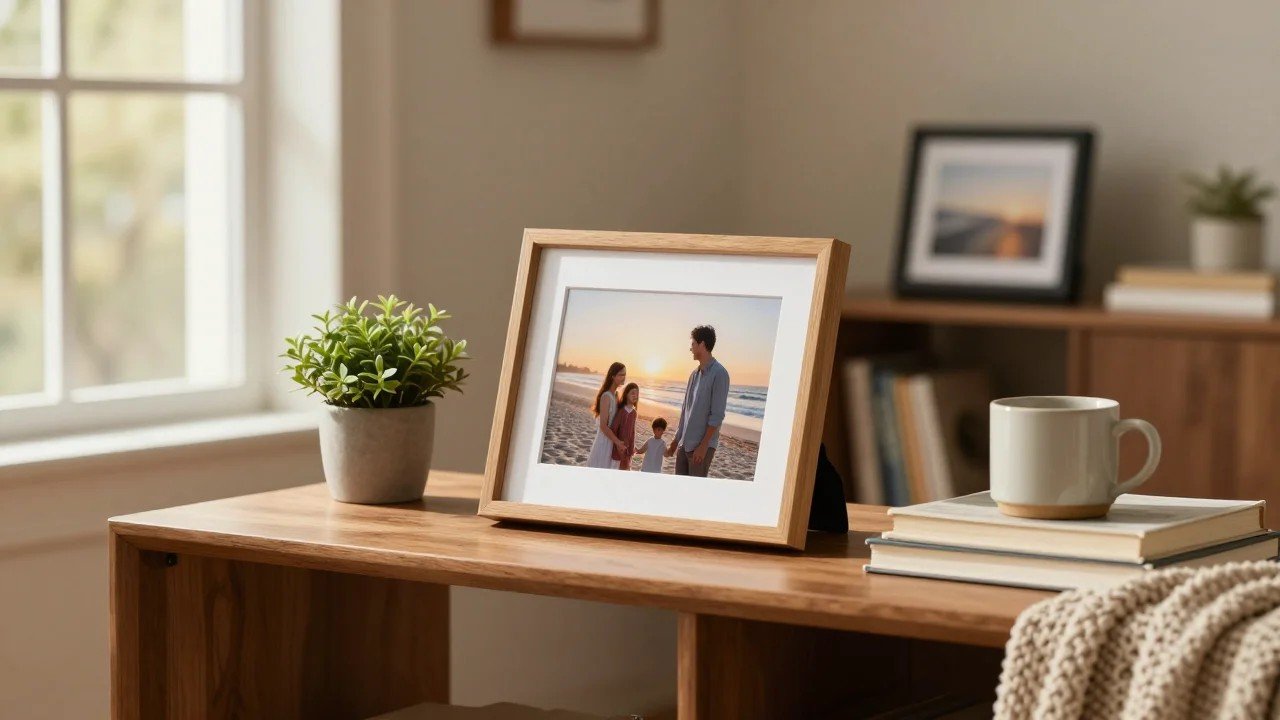 Oak digital picture frame with a white mat showing a family beach photo on a wooden console table in a cozy American living room