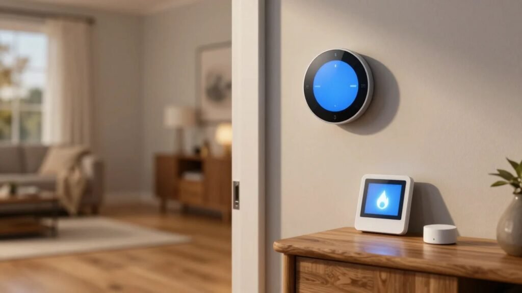 A round smart thermostat on a hallway wall and a rectangular smart thermostat with a room sensor on a wooden console in a cozy American home