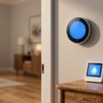 A round smart thermostat on a hallway wall and a rectangular smart thermostat with a room sensor on a wooden console in a cozy American home