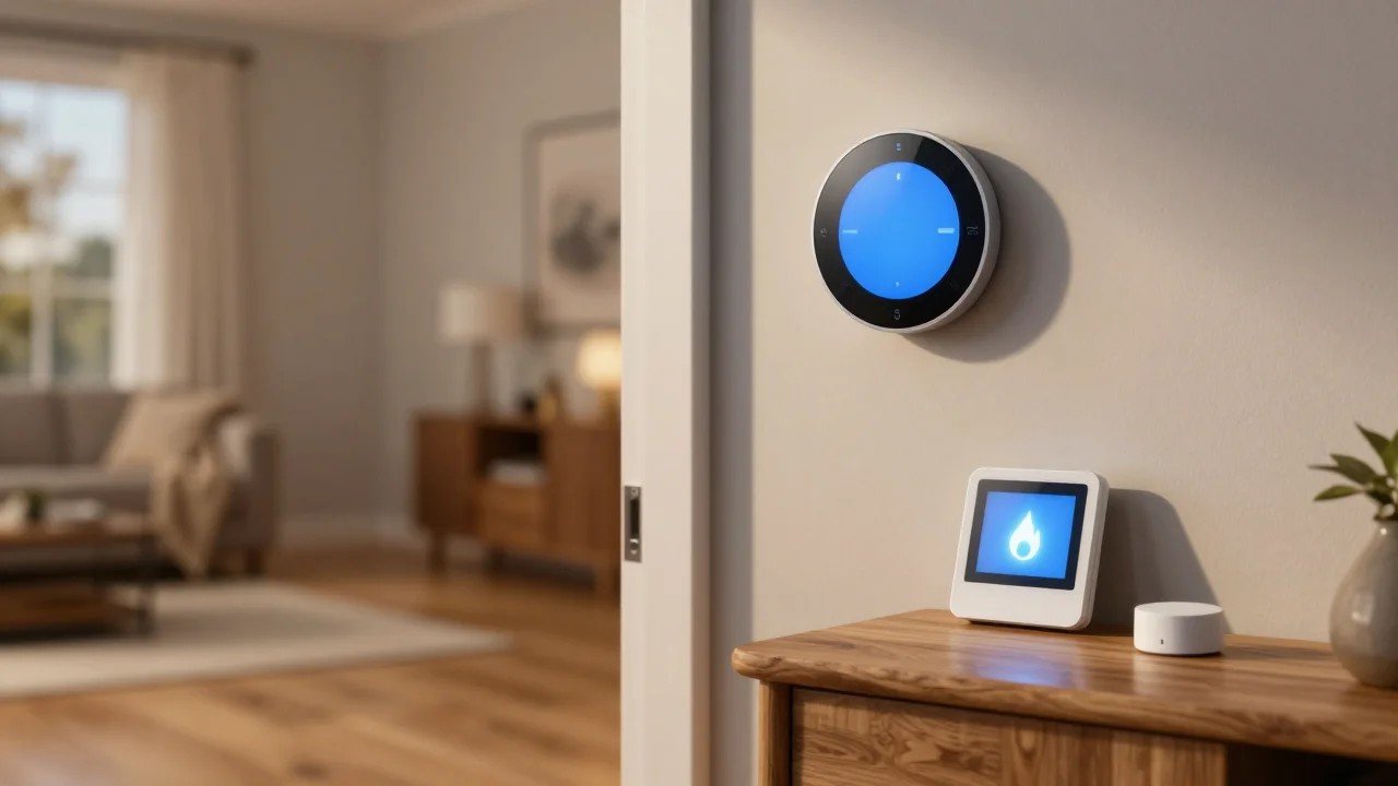 A round smart thermostat on a hallway wall and a rectangular smart thermostat with a room sensor on a wooden console in a cozy American home