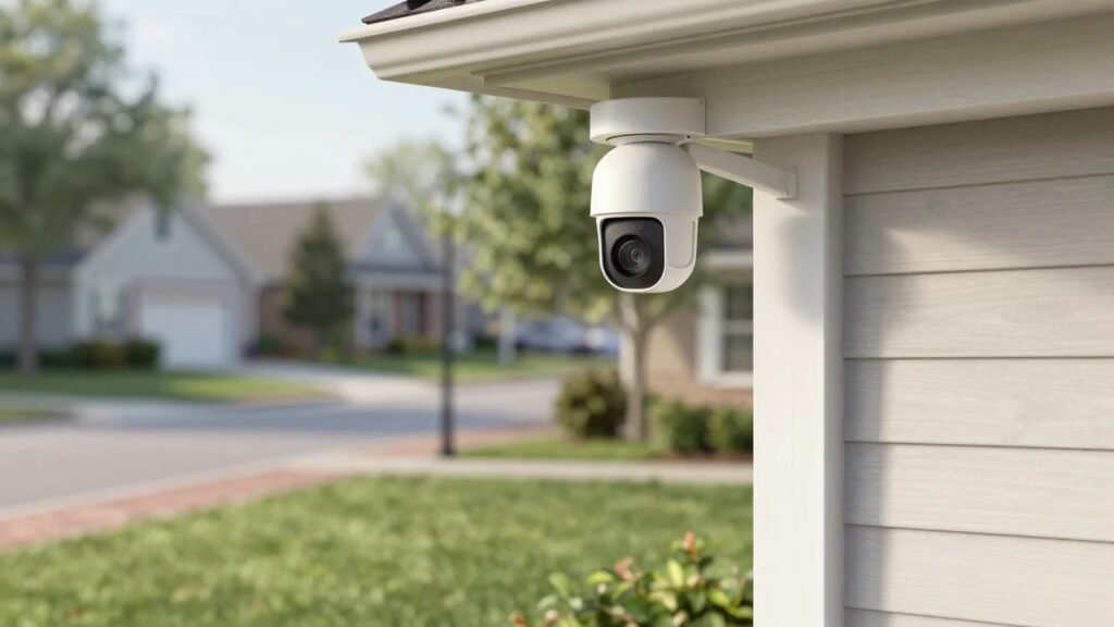 White outdoor home security camera mounted under the eave of an American suburban porch overlooking a green lawn
