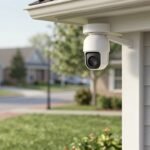 White outdoor home security camera mounted under the eave of an American suburban porch overlooking a green lawn