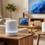 Two white mesh Wi-Fi router nodes with glowing status lights on a bookshelf and side table in a bright American living room