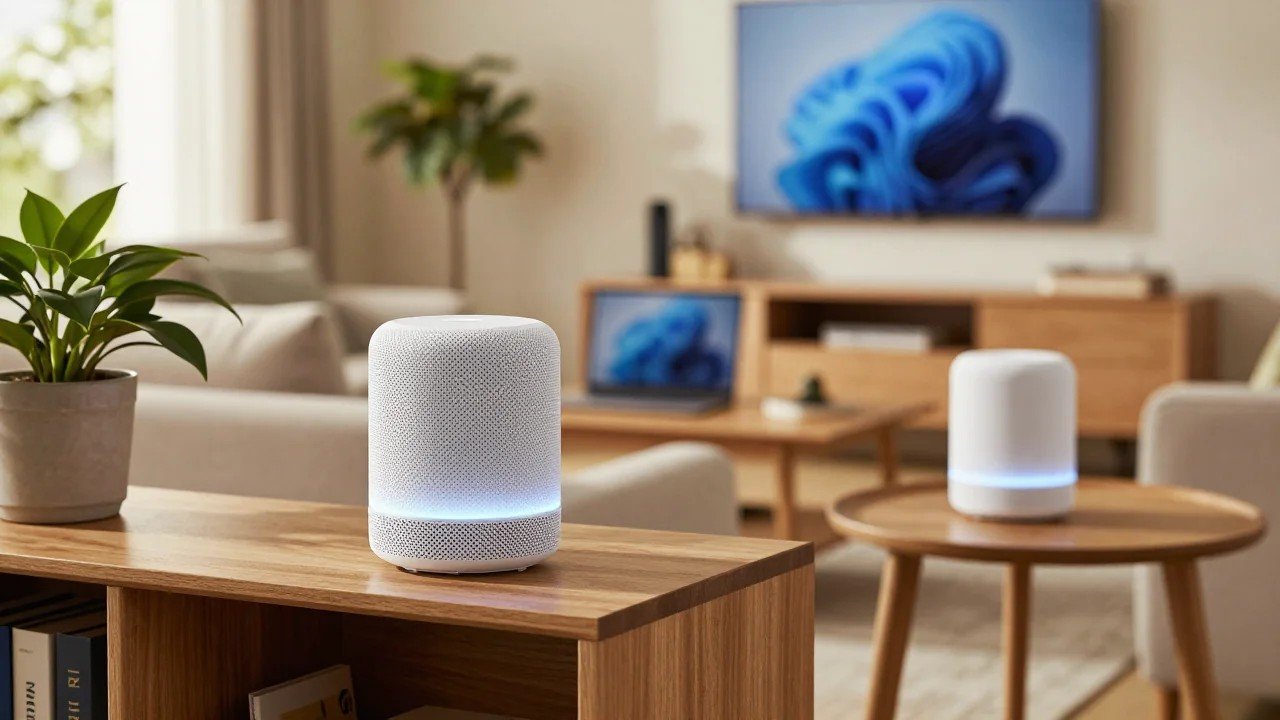 Two white mesh Wi-Fi router nodes with glowing status lights on a bookshelf and side table in a bright American living room