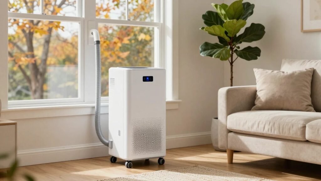 White portable air conditioner on wheels with its exhaust hose vented to a window in a bright American living room in autumn