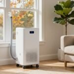 White portable air conditioner on wheels with its exhaust hose vented to a window in a bright American living room in autumn