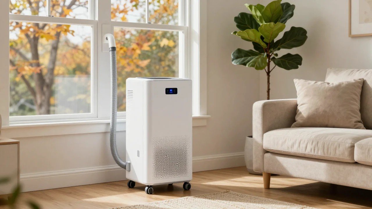 White portable air conditioner on wheels with its exhaust hose vented to a window in a bright American living room in autumn
