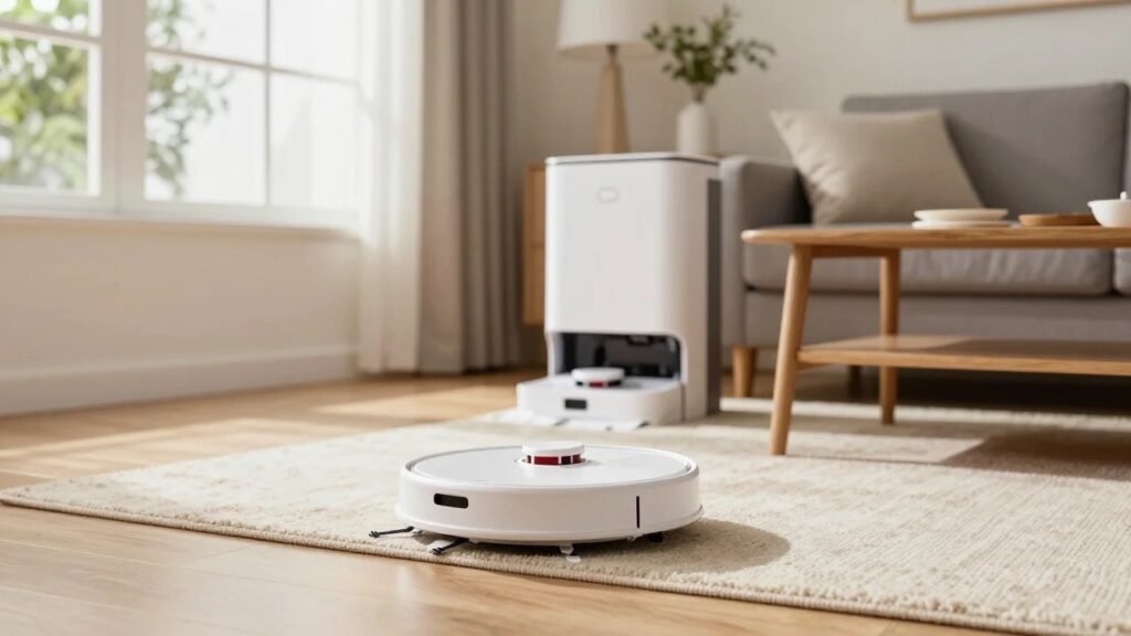 White robot vacuum cleaning a beige area rug next to its self-emptying dock in a sunny American living room