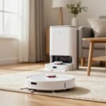 White robot vacuum cleaning a beige area rug next to its self-emptying dock in a sunny American living room