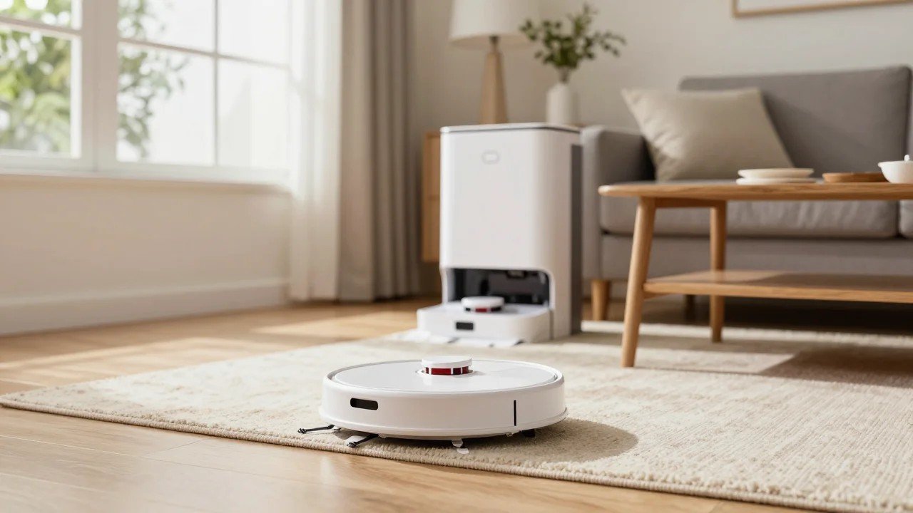 White robot vacuum cleaning a beige area rug next to its self-emptying dock in a sunny American living room