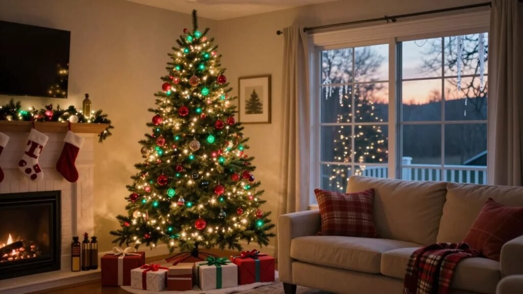 Christmas tree glowing with multicolor smart LED string lights beside a fireplace in a cozy American living room