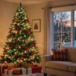Christmas tree glowing with multicolor smart LED string lights beside a fireplace in a cozy American living room