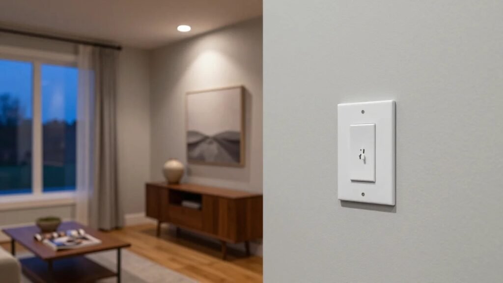 White smart dimmer switch on a light gray wall in a modern American living room at dusk