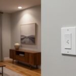 White smart dimmer switch on a light gray wall in a modern American living room at dusk