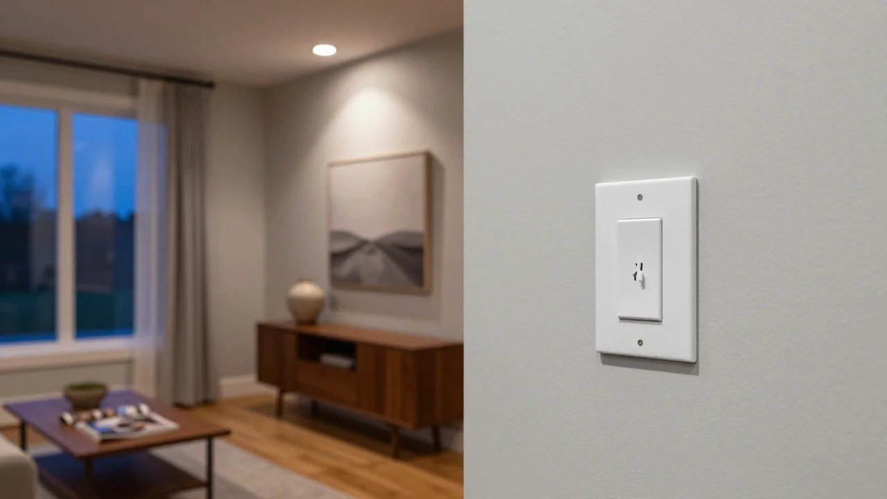 White smart dimmer switch on a light gray wall in a modern American living room at dusk