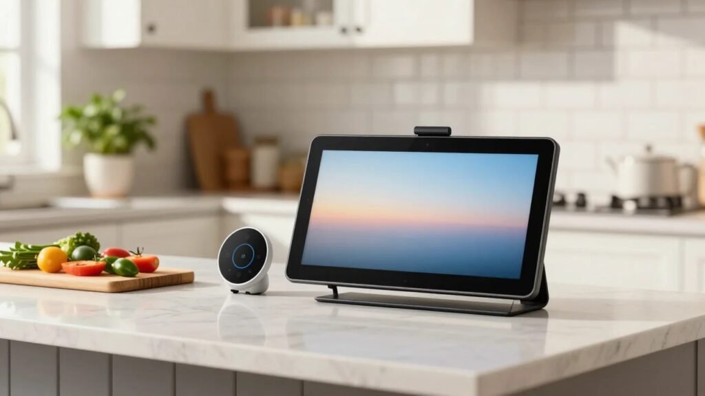 Smart display with a touchscreen on a white kitchen counter in a sunny American kitchen
