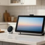 Smart display with a touchscreen on a white kitchen counter in a sunny American kitchen