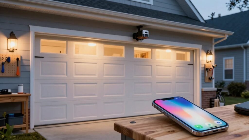 White sectional garage door of an American suburban home at dusk with a smart garage controller mounted above it and a smartphone on a wooden workbench