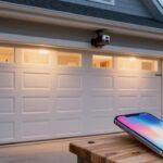 White sectional garage door of an American suburban home at dusk with a smart garage controller mounted above it and a smartphone on a wooden workbench