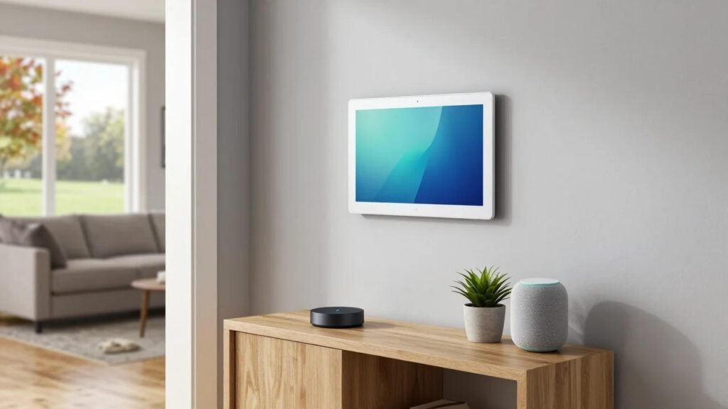 Matte black smart home hub and smart speaker on an oak console table below a wall-mounted smart home touchscreen in a modern American home