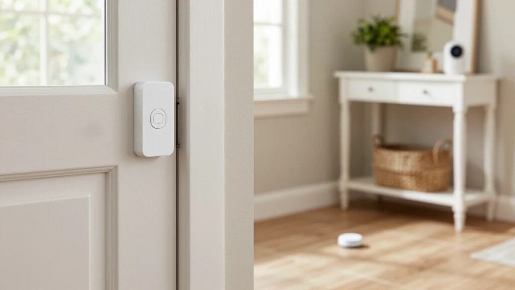 A white smart door contact sensor on a door frame, a small motion sensor on a console table and a water leak sensor on the floor of a bright American entryway