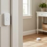 A white smart door contact sensor on a door frame, a small motion sensor on a console table and a water leak sensor on the floor of a bright American entryway