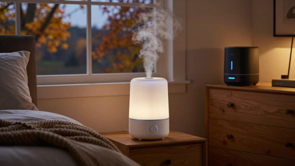 White smart humidifier releasing mist on a nightstand and a black humidifier on a dresser in a cozy American bedroom in fall