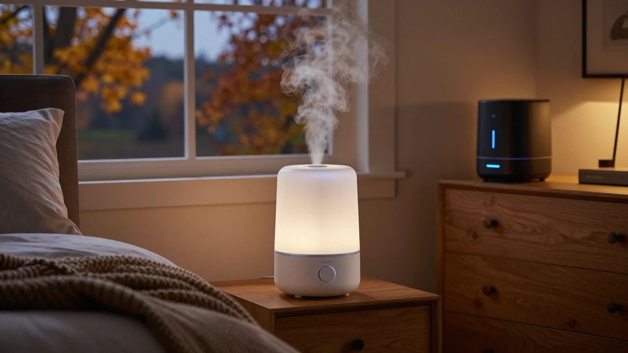 White smart humidifier releasing mist on a nightstand and a black humidifier on a dresser in a cozy American bedroom in fall