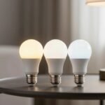 Smart LED light bulbs on a side table in a modern American living room