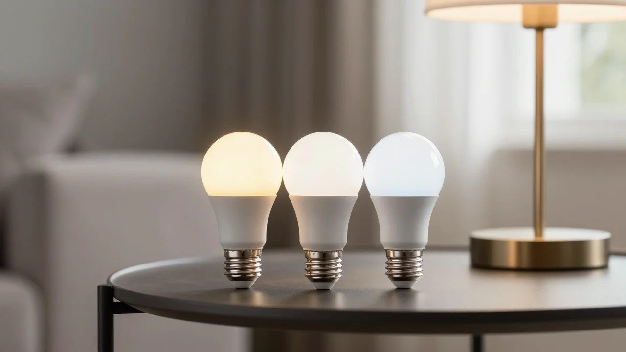 Smart LED light bulbs on a side table in a modern American living room