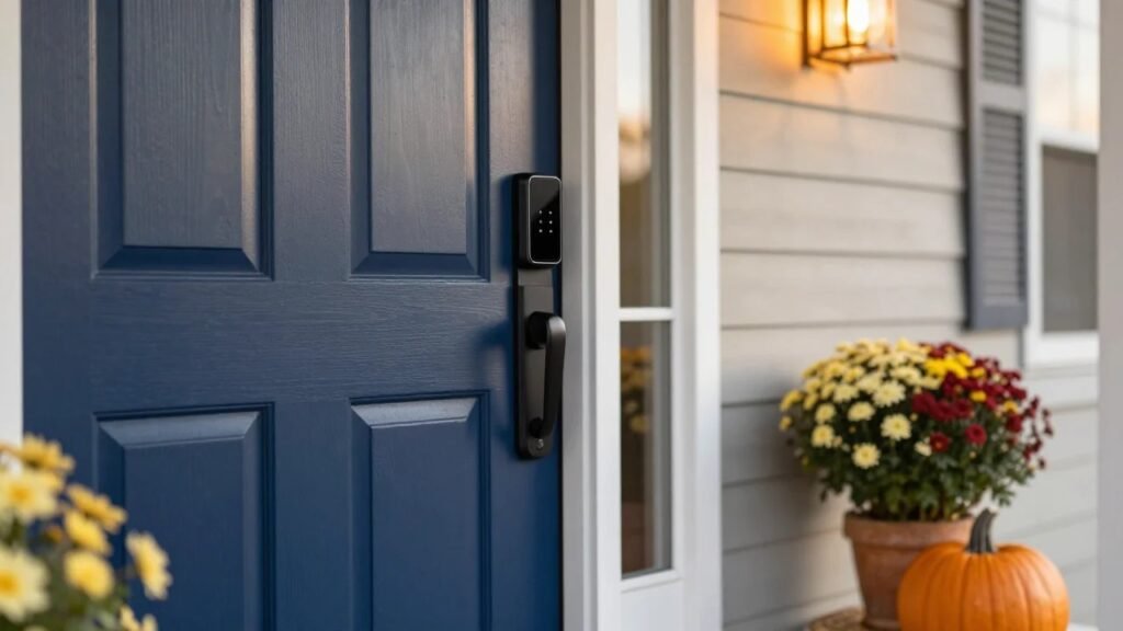 Matte black smart deadbolt lock with touch keypad on a navy blue front door of an American home with autumn porch decor