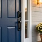 Matte black smart deadbolt lock with touch keypad on a navy blue front door of an American home with autumn porch decor